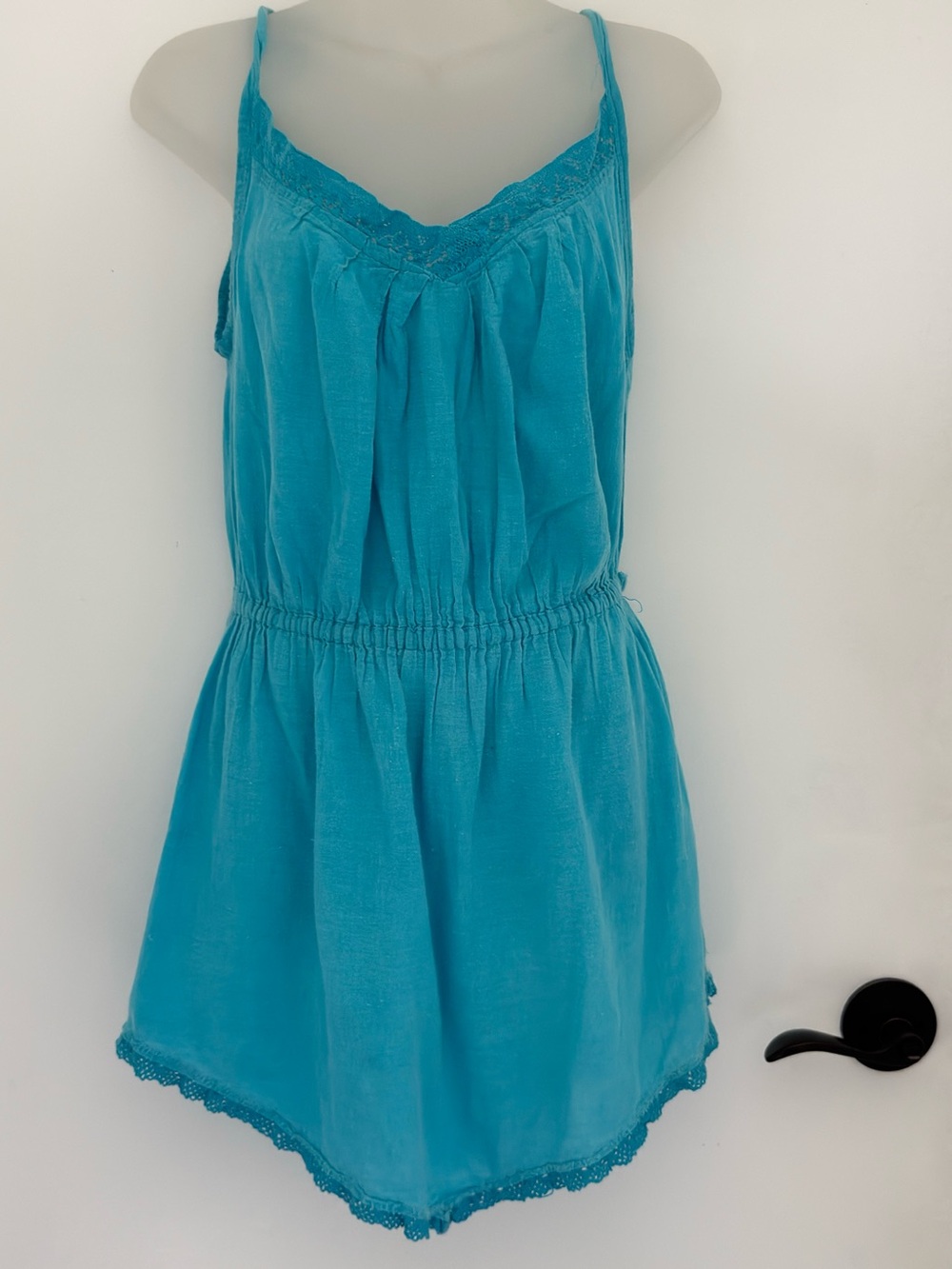 Boho Teal Blue Strappy Romper Crochet Trim Y2K retro vintage cotton travel pool